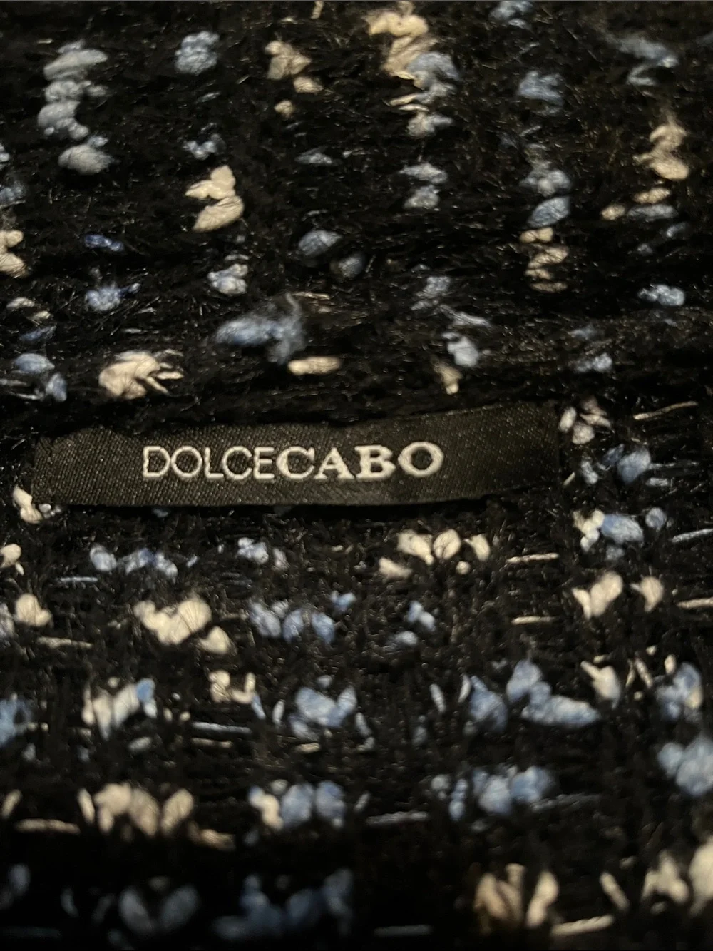 Dolce Cabo Black with Blue and White Fringed Open-Front Cardigan